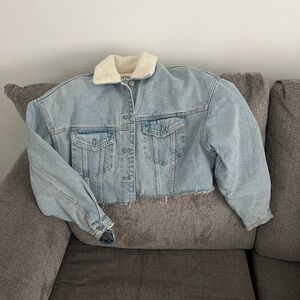 Zara Light Blue Denim Jacket with Cream Collar